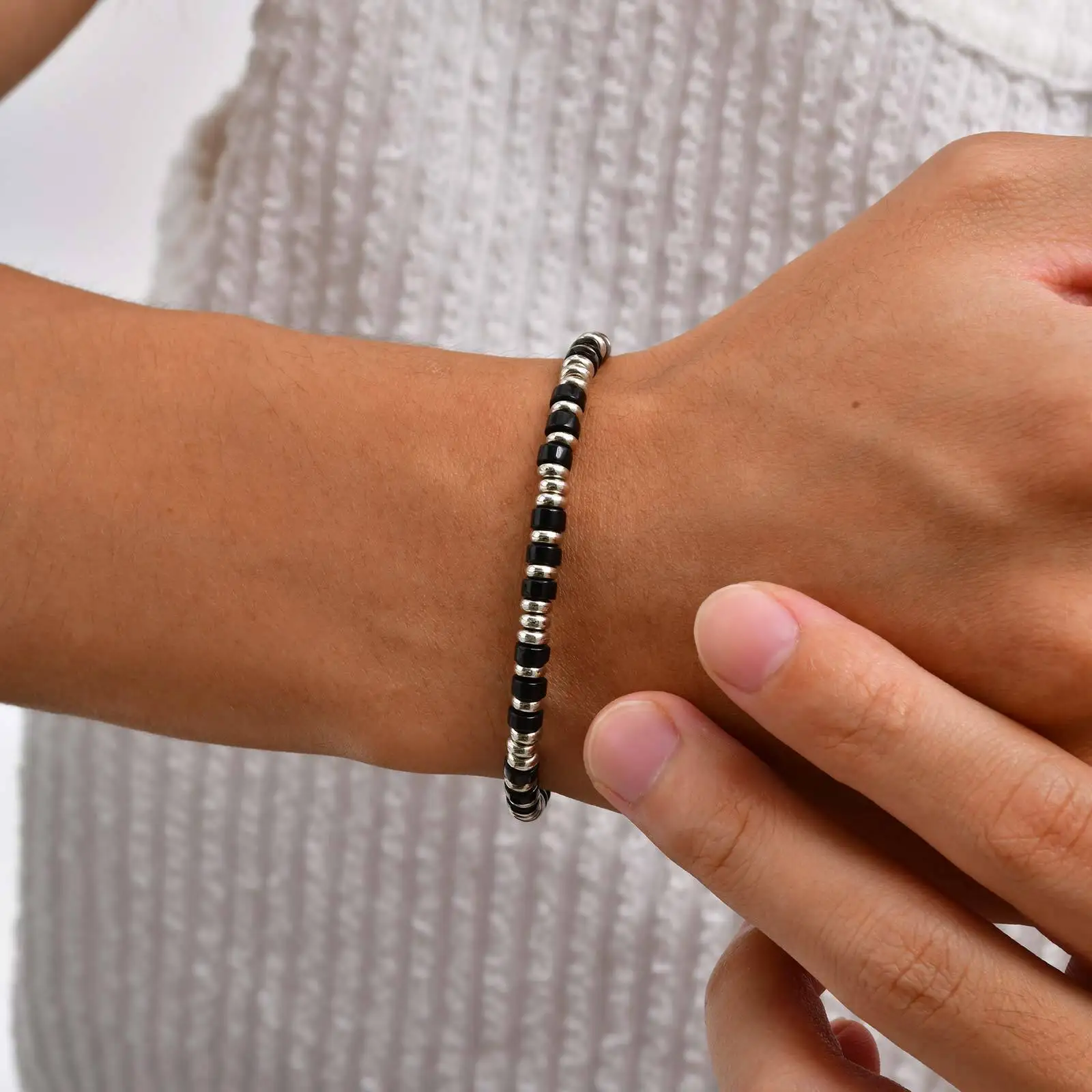 Men's Crystal Wheel Beads Bracelet,4mm Natural Stone Metal Wheel Beaded Bracelet,Adjustable Wristband Gift