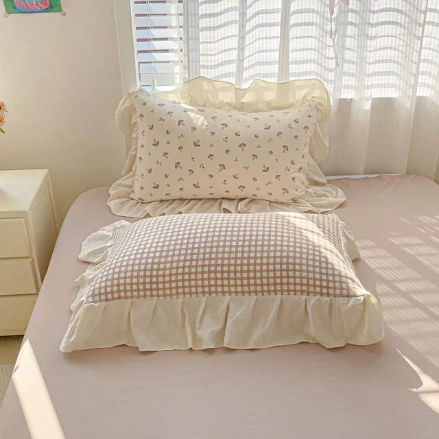Ensemble de housse de couette en dentelle coréenne, 3 pièces (1 * housse de couette + 2 * taie d'oreiller, sans noyau), parure de lit imprimée à carreaux rose 6