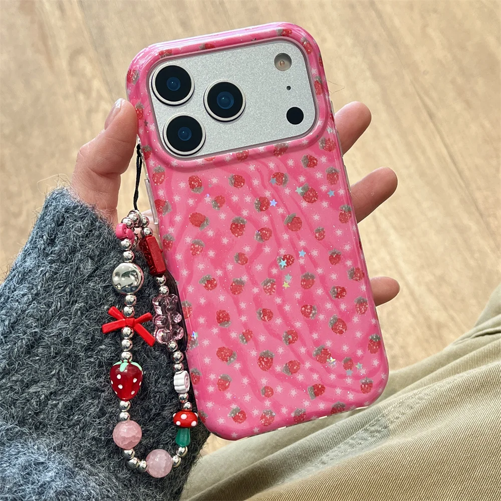 Adorable Strawberry & Star Shockproof Phone Case - Kawaii Design with Hinge Protection