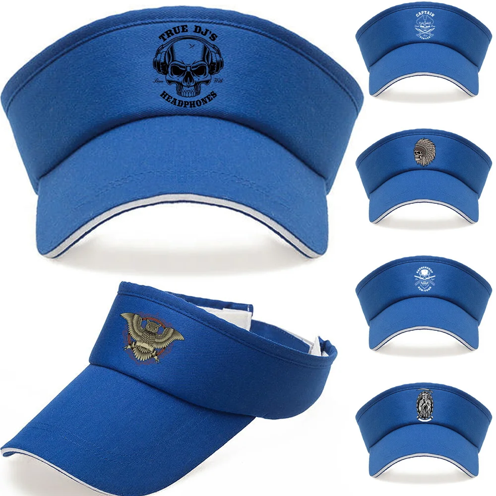 

Panama Hats Beach Sun Visor Hats Unisex Tennis Baseball Cap Blue Color Skull Print Series Empty Top Hat Snapback Adjustable