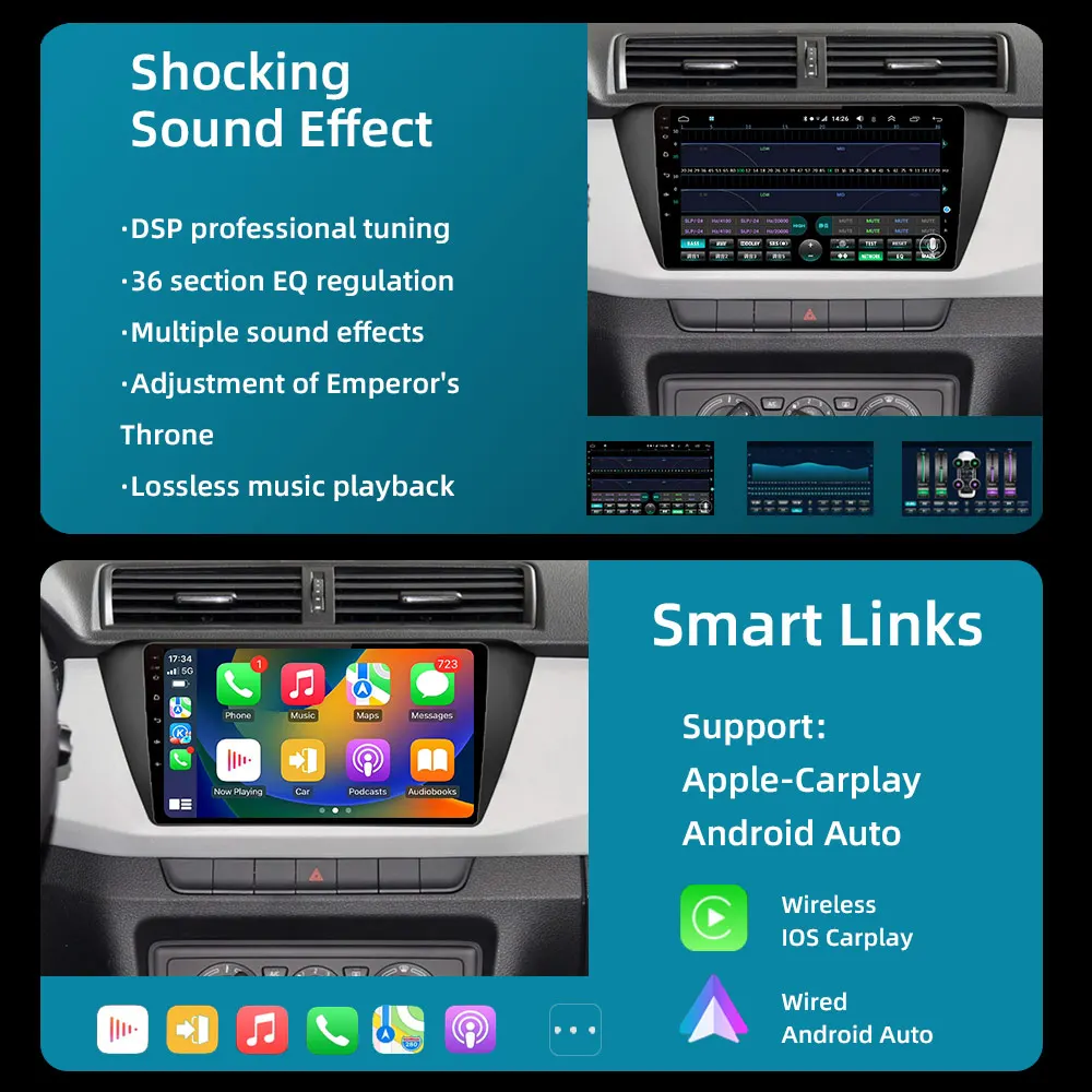 Jundof Plus-reproductor Multimedia con Android para coche, inalámbrico con CarPlay autorradio, 4G, WIFI, DSP, BT, 2 Din, sin DVD, para Skoda Fabia 2014-2019