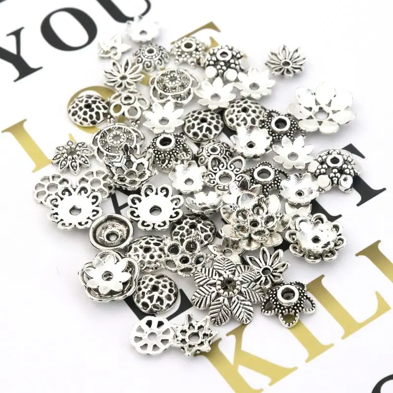 100pcs 큰 혼합 티베트어 실버 꽃 느슨한 스페이서 구슬 모자 보석 만들기 결과 바느질 Diy 액세서리 도매