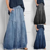Women Denim Long Skirts Loose A Line Elastic High Waist Skirt Solid Pockets Jeans Casual Elegant Office Lady Autumn 2024 - Image 2