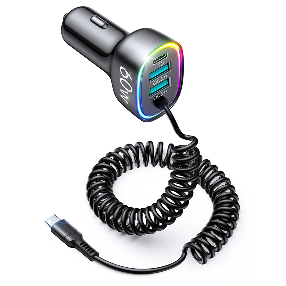 60W 4-Port USB-C Fast Car Charger with 5.3FT Cable & RGB Light 2