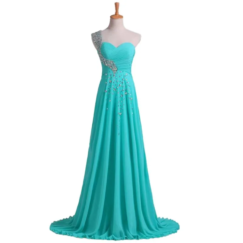 Turquoise Bridesmaid Dresses Chiffon Crystal Beaded One Shoulder Sweetheart Sexy Vestido De Noiva Real Photoevening Party Robe