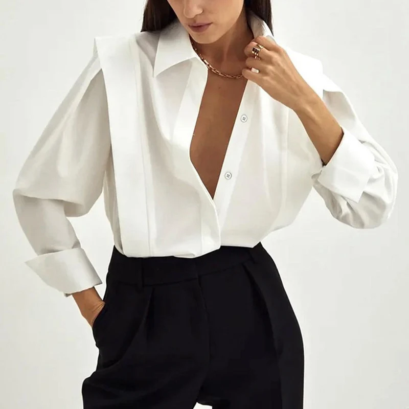 

HOUZHOU Shirt Old Money Style Women Elegant Long Sleeve Patchwork Turn-down Collar White Shirt Casual Office Lady Vintage Blouse