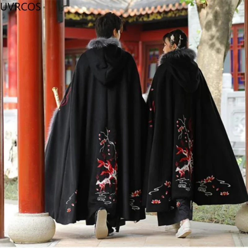 

Couple Costume Black Hanfu Cloak Autumn Winter Vintage Warm Chic Embroidery Hooded Cape Coat Oriental Ancient Men Women Overcoat