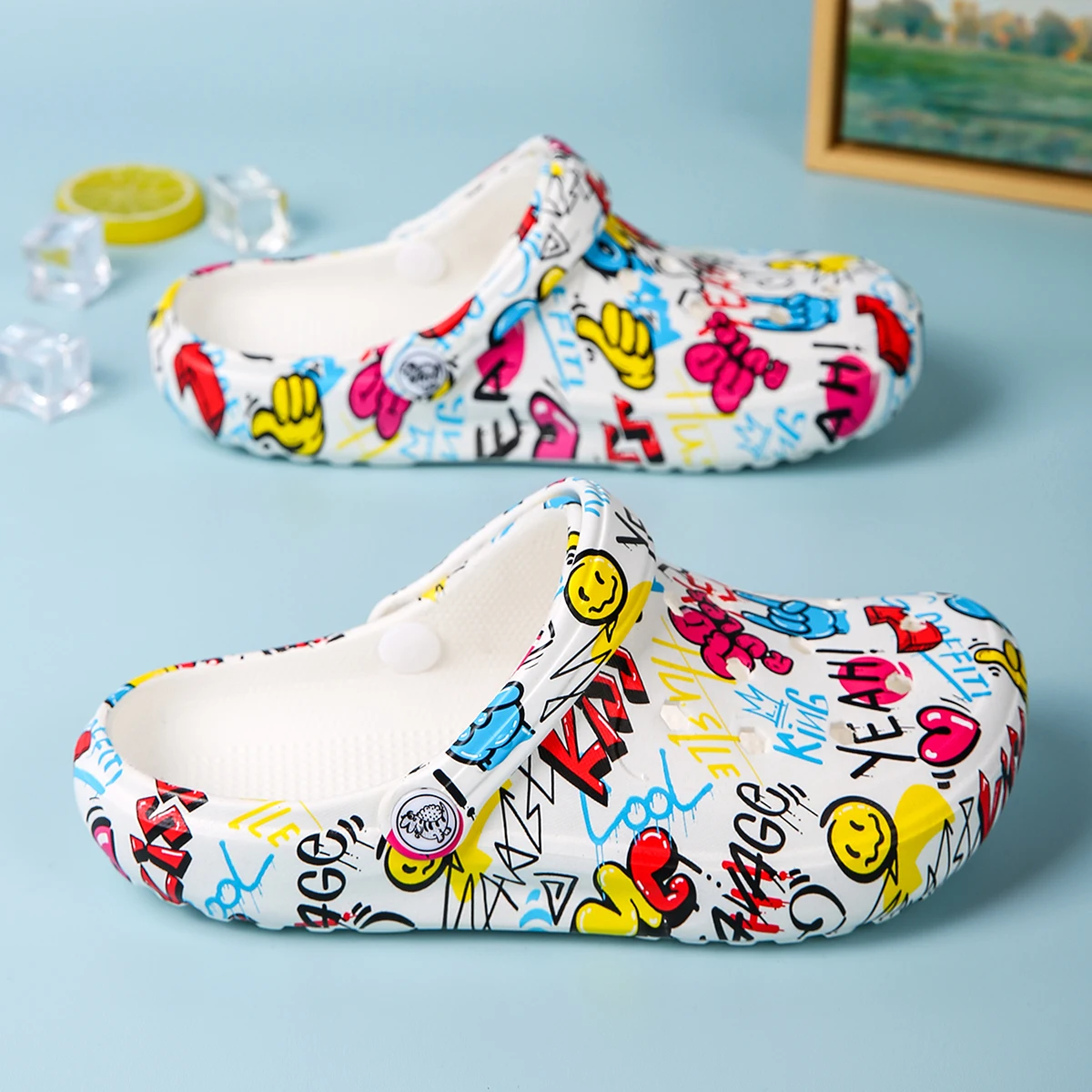Women's Cartoon Stylish Print Garden Shoes, Lightweight Flat Two-way Wear Home Garden Clogs, Breathable Non-slip Beach Sandals 6