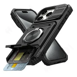 Magnetic Ring Kickstand Wallet Case with Heavy Duty Drop Protection for iPhone 16 Plus (Black)