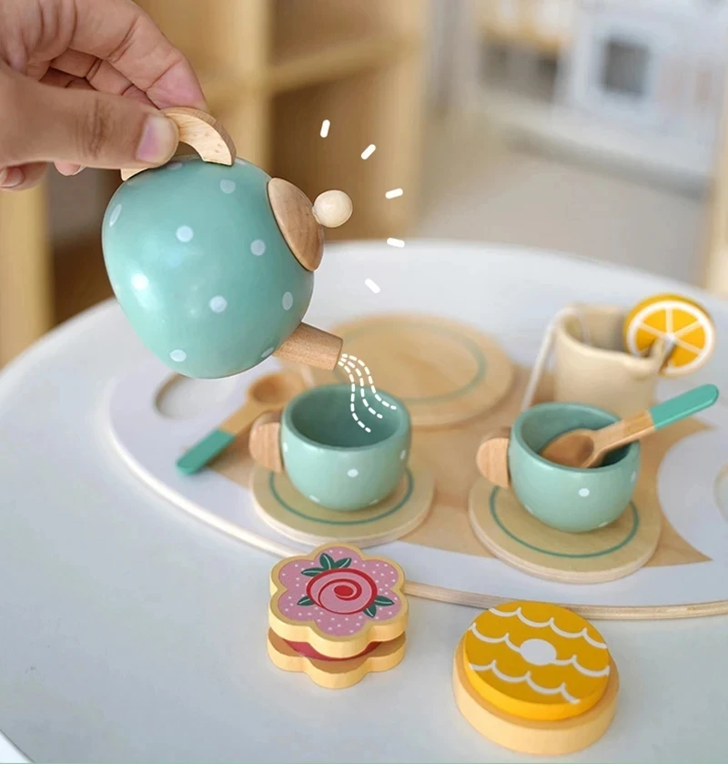 Wooden Afternoon Tea Set Toy Pretend Play Food Learning Role Play Game Early Educational Toys for Toddlers Girls Boys Kids Gifts 2