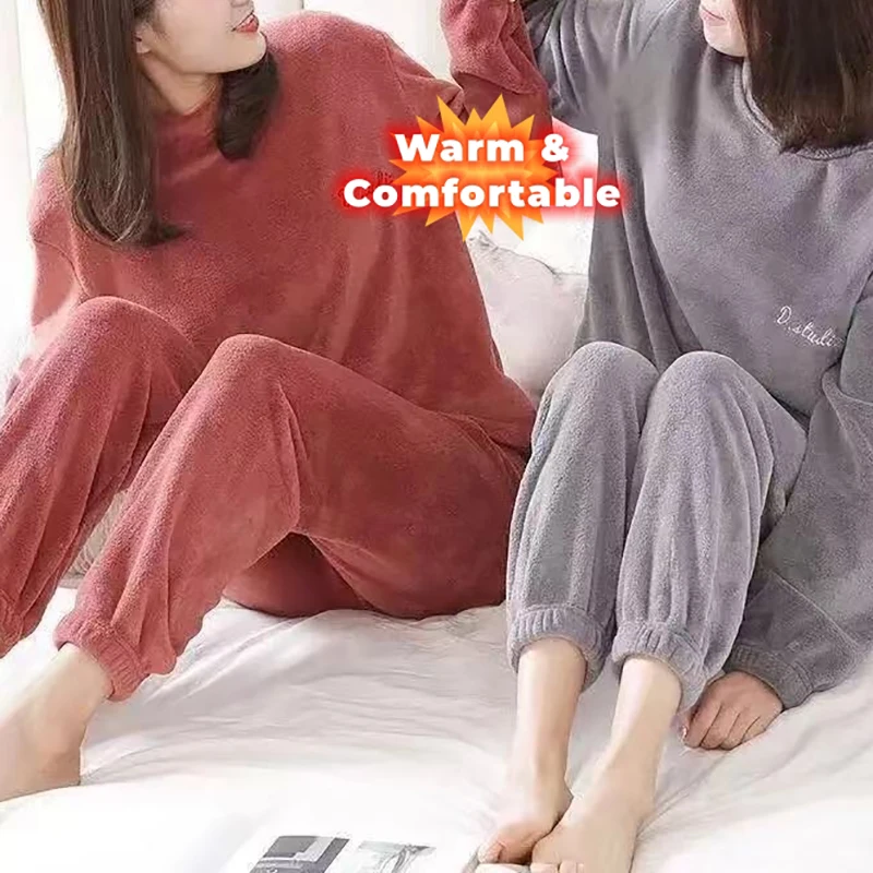 Women Velvet Pajama Set Fleecing Warm Loose Top And Elastic Waist Pants Home Casual Warm Woolen Suit Women 2024 Autumn Winter