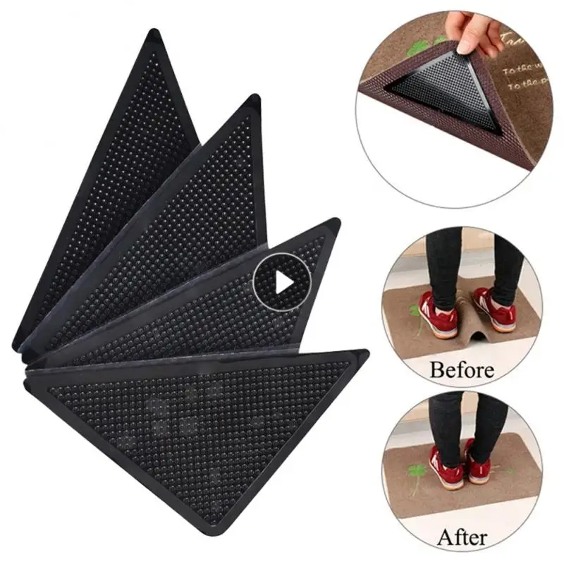 8pcs Black Anti-slip Rug Gripper With Reusable Pu Washable