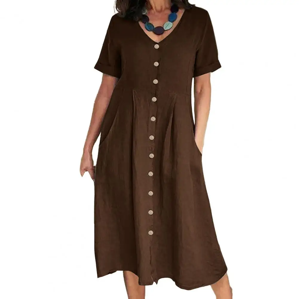 

Fashion Dress Women V Neck Single-breasted Loose Short Sleeve Loose Pockets High Waist Summer Midi Dress for Women 2023 Elegant