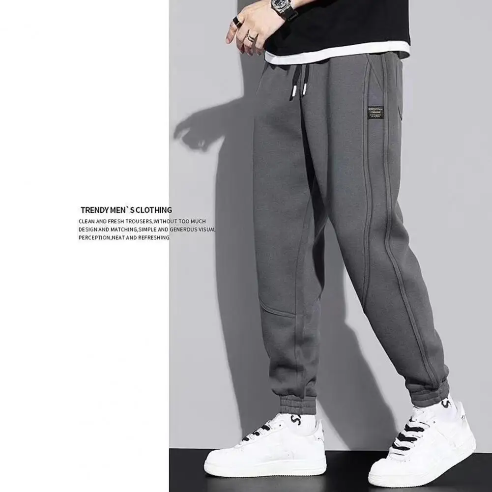 

Solid Color Men Casual Pants Cozy Men's Winter Pants Ankle-banded Warm Soft with Pockets Elastic Waist Mid Waist Plush for Men