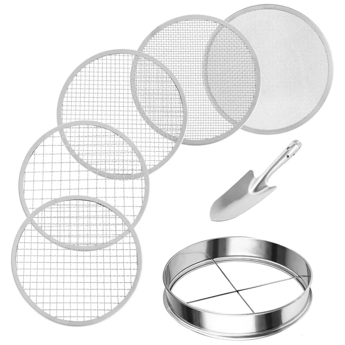 Soil Sifter Stainless Steel Riddle Sieve Set 5 Sizes 8in Diameter 1/3/6/9/12mm Interchangeable Meshes for Gardening