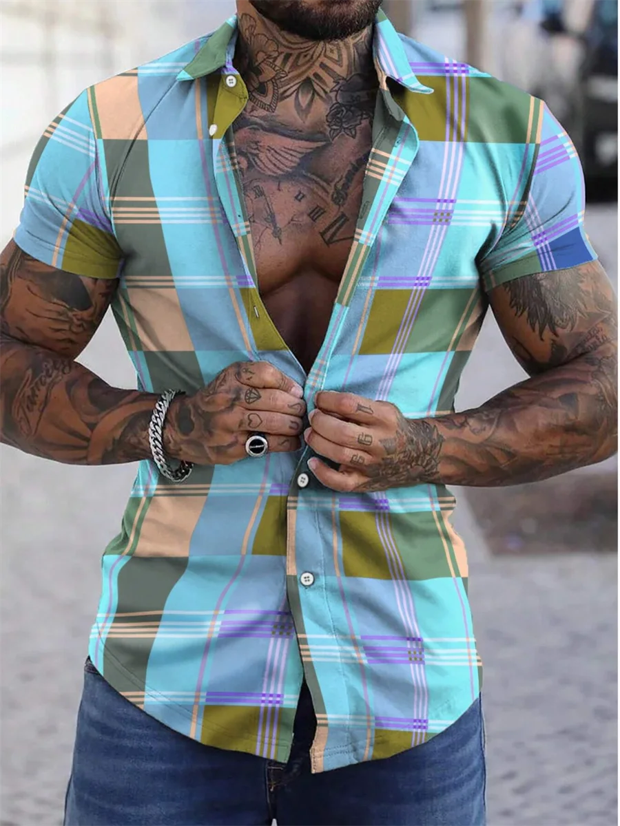 Color block plaid/plaid colorful casual men's shirt for daily wear, weekend outing, summer lapel short-sleeved 5XL fast shipping 3