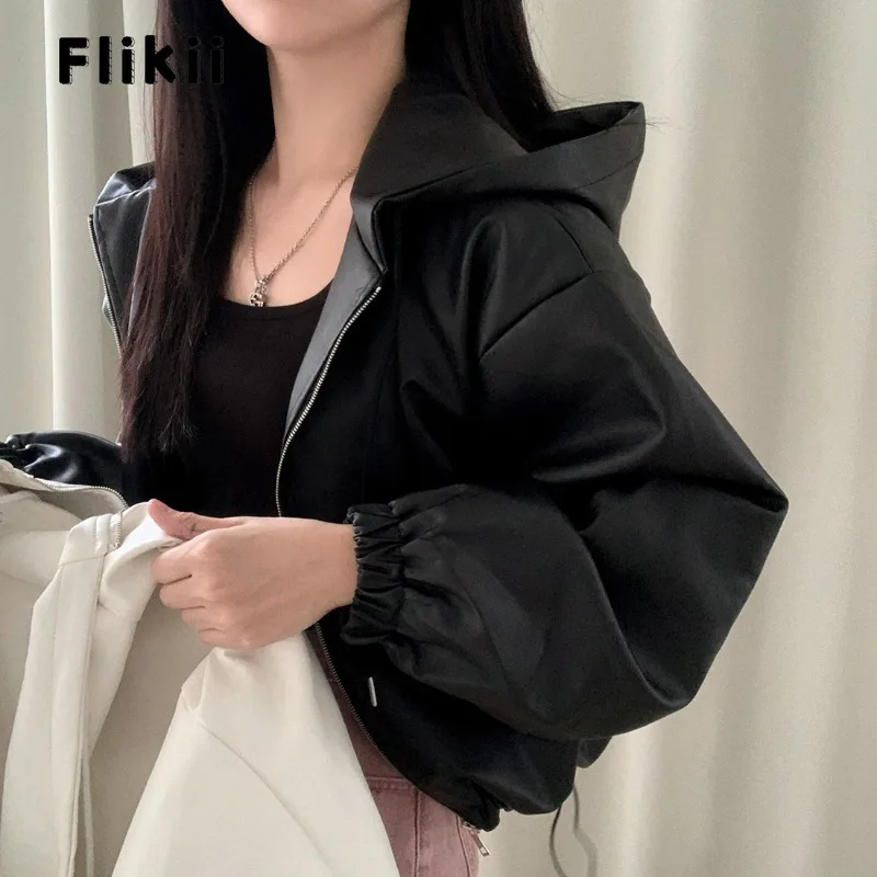 

Women Retro Motocycle Style Long Sleeve Zipper Hooded Fur Top 2023 Autumn Winter Outerwear Jacket Solid Black Loose Faux Coat