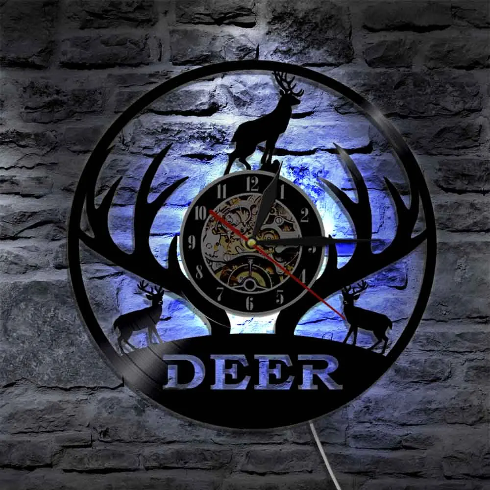Woodland Deer Orologio Da Parete Hunter Clock Deer Head Deer Antlers Caccia Vinile Record Clock Animal Art Handmade Hunting Lovers Gift