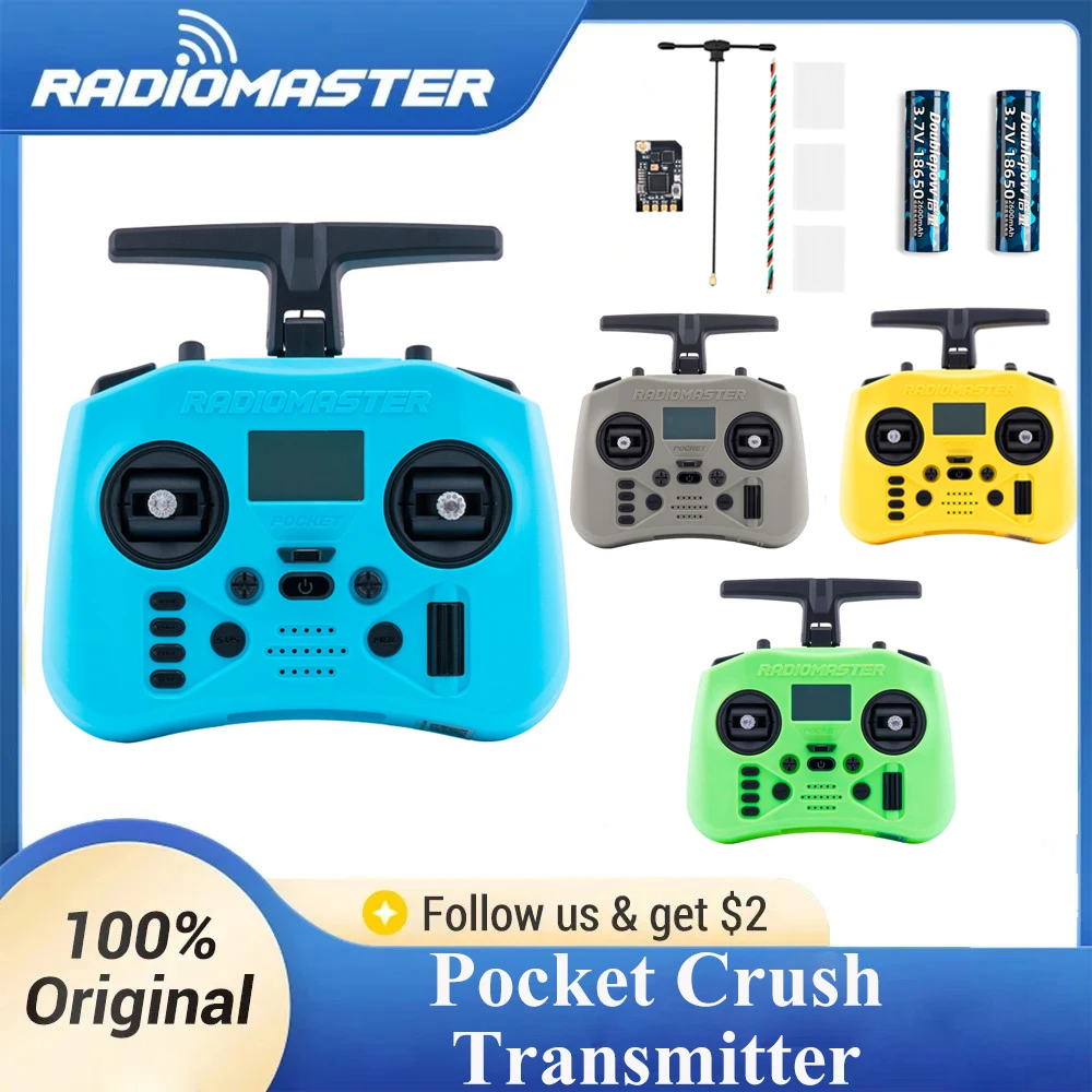 Radiomaster Pocket Crush 2.4GHz ELRS Hall Gimbal Transmitter Remote Control with XR1 Receiver 18650 Battery