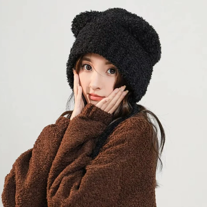 New Bear Ear Knitted Hat Women Winter Thicken Warm Plush Ear Protection Bonnet Cap Headgear Fashion Windproof Beanies Hat winter hat knitted earflap hat knit beanie hat