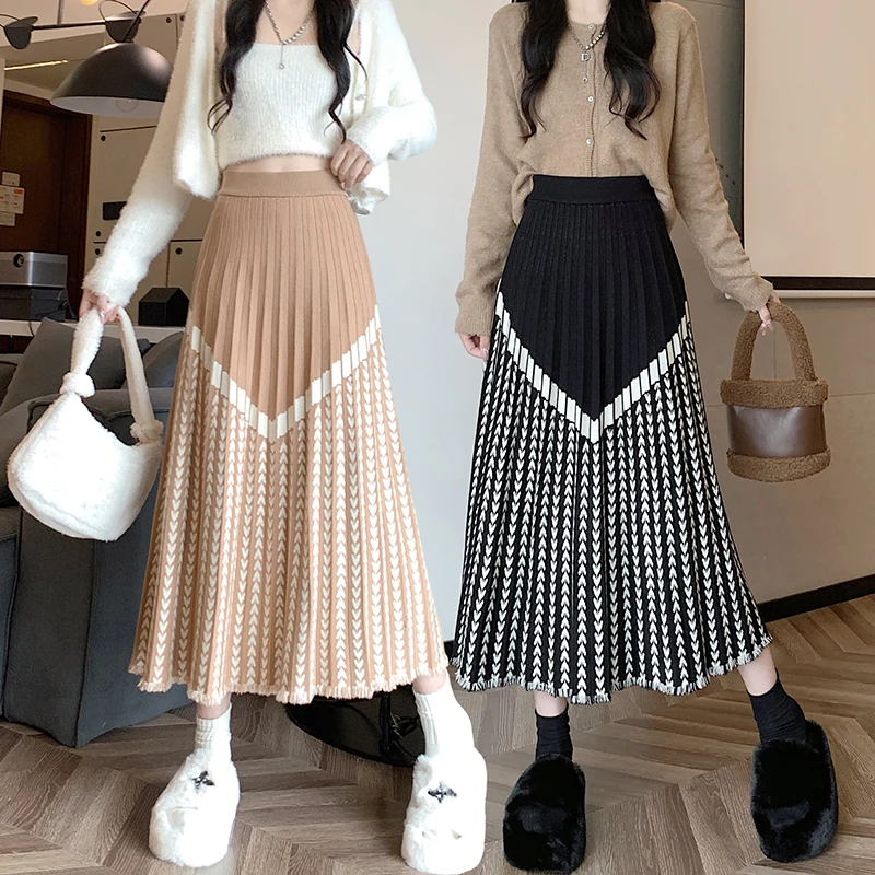 

2023 Autumn Winter Plaid Knitting Long Skirt New Vintage Women Houndstooth Hit Color Thick High Waist Trim Tassel Pleated Skirts