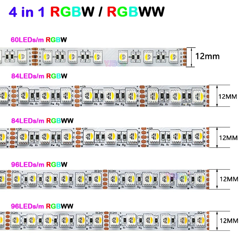 

High brightness 5M 4 color in 1 RGBW/RGBWW LED Strip 60/84/96leds/m 12V/24V 5050 SMD flexible Lights Tape IP30/65/IP67 Lamp Bar