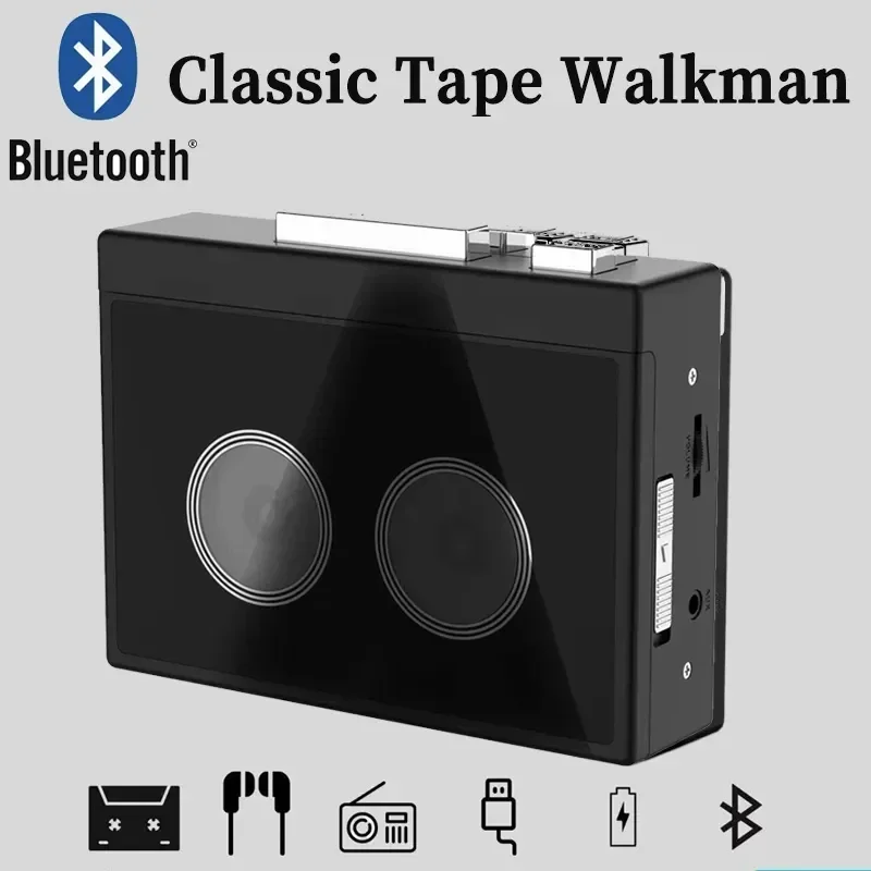 

Black Retro Stereo Cassette Player Outdoor FM Radio High-fidelity Walkman Cassette Tape Music Audio Auto Reverse With Bluetooth