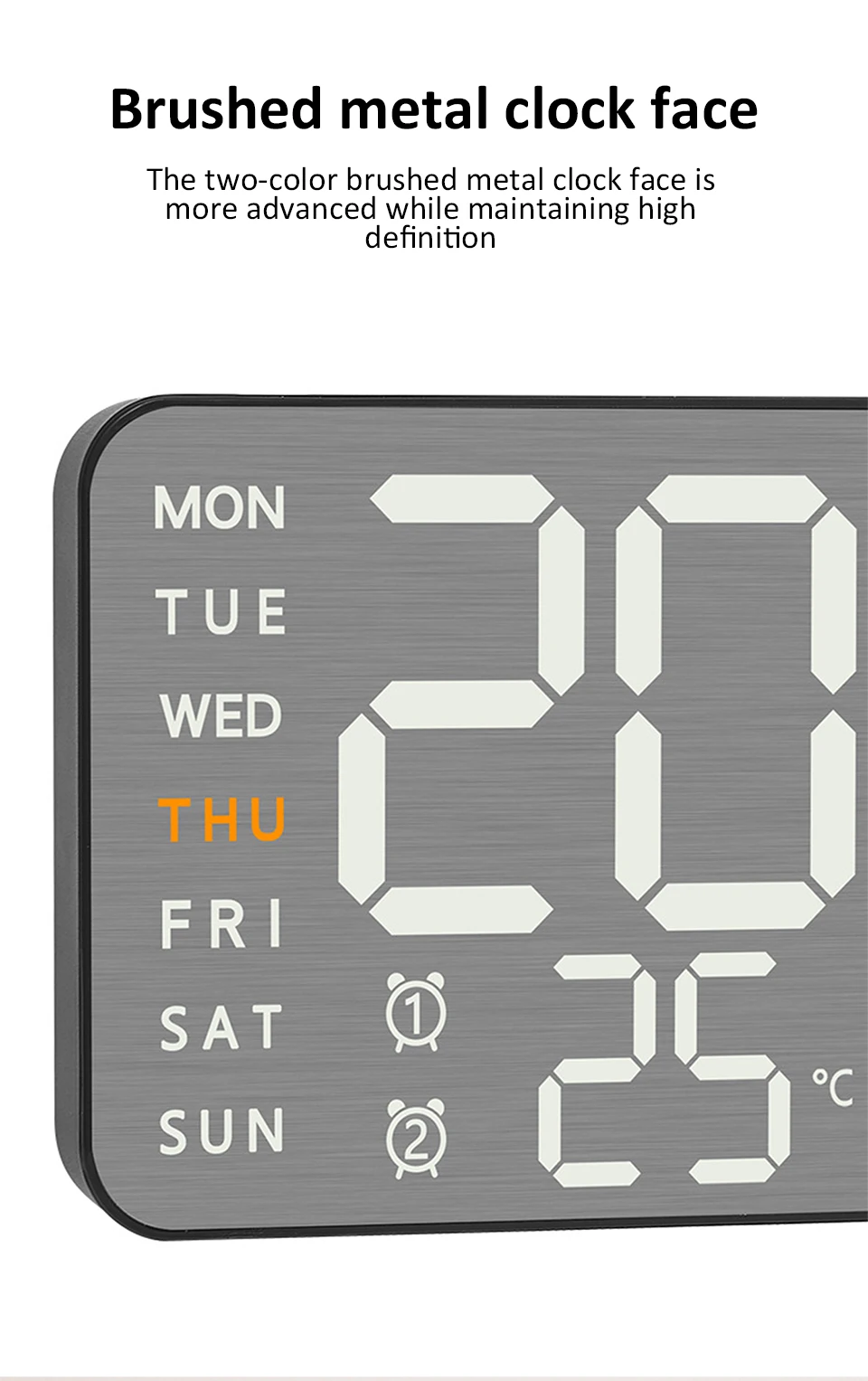 Description Picture 2 of itemCreative Digital Wall Clock Temp Week Display USB Powered Table Clock Wall-mounted Auto Dimmer Dual Alarms Metal Brushed Clocks