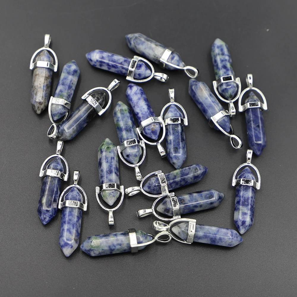 Hot Selling Natural Stone Sodalite Hexagonal Pillar Pendants Column Female Charms Necklace for Women DIY Jewelry Making 24Pcs