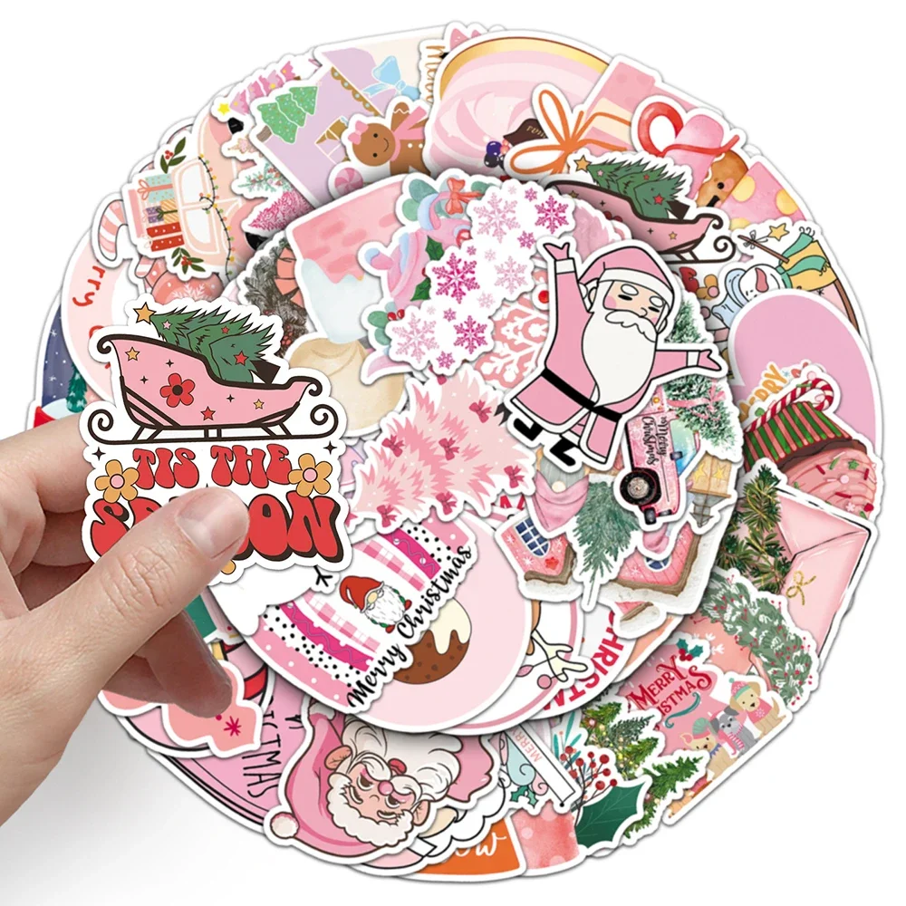 50PCS 핑크 크리스마스 귀여운 산타 클로스 스티커 귀여운 장난감 데칼 장식 DIY 전화 냉장고 가방 스케이트 보드 자전거 선물