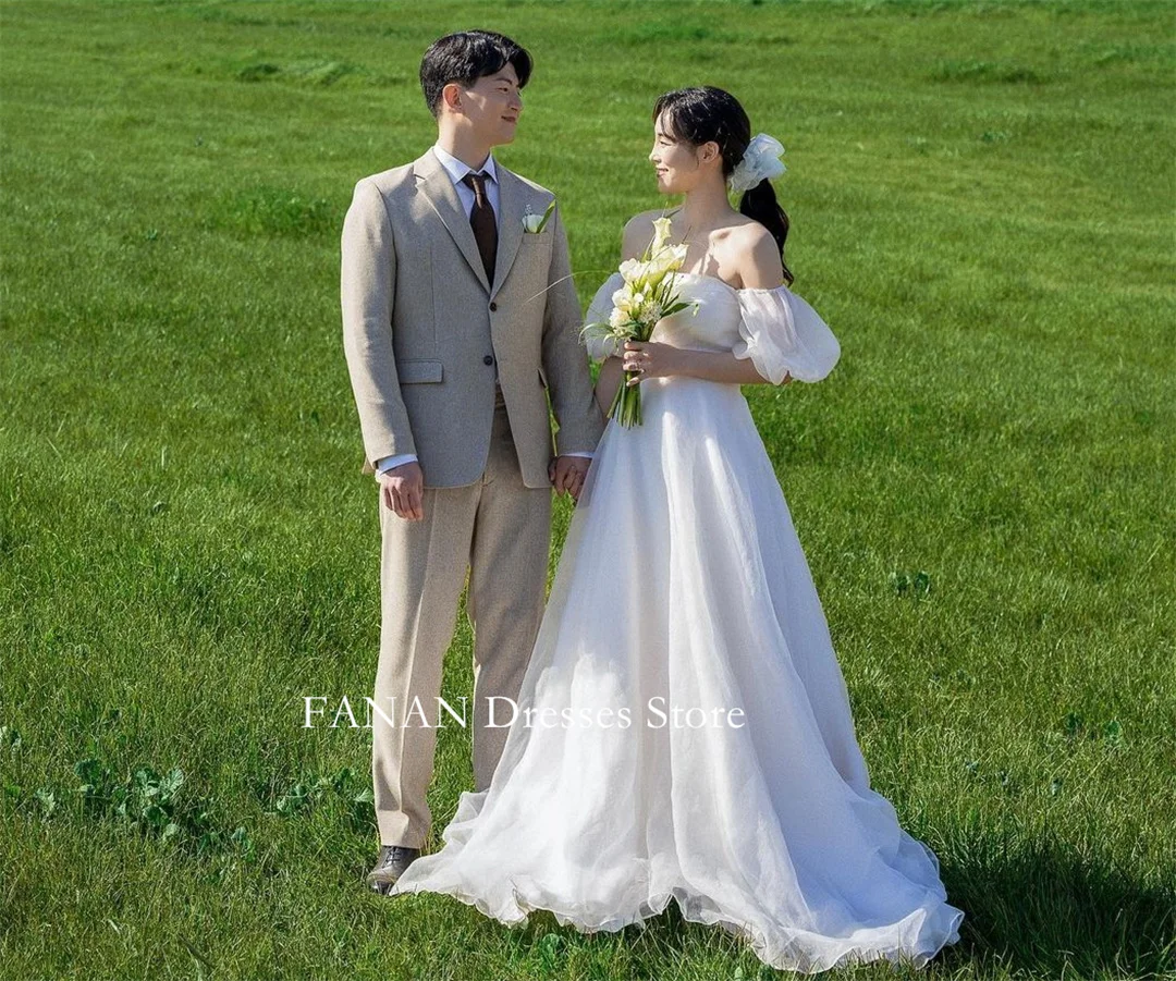 

FANAN Organza Off Shoulder Korea Ivory Ruched Wedding Dresses 웨딩드레스 Puff Sleeves Custom Made Pretty Bride Gowns Plus Size