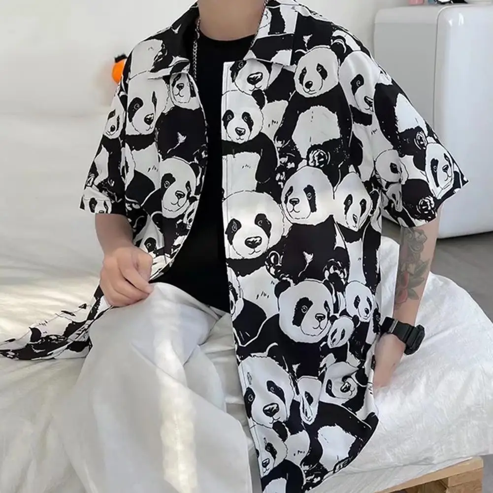 

Summer Shirt Men's Summer Panda Printed Shirt Casual Loose Fit Beach Streetwear Short Sleeve Luxury Fashion Tee Single-breasted