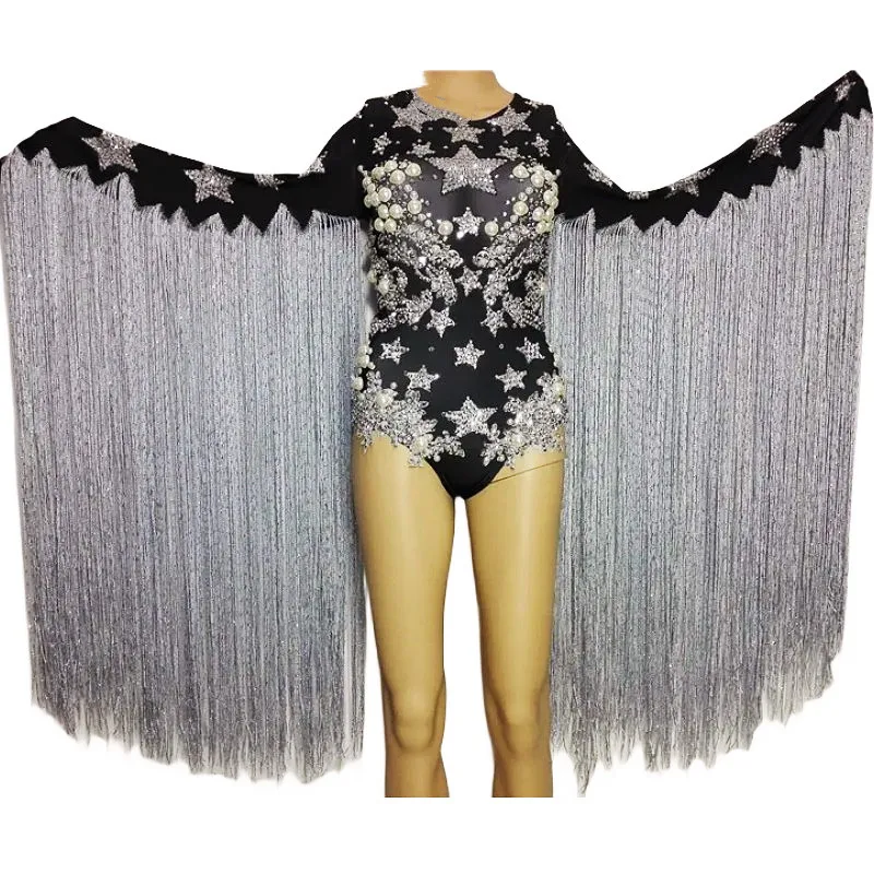 Silver Rhinestones Pearl Tassel Sleeve Bodysuit Women Singer Dancer Stage Wear Dance Team Nightclub Bar Performance Costume