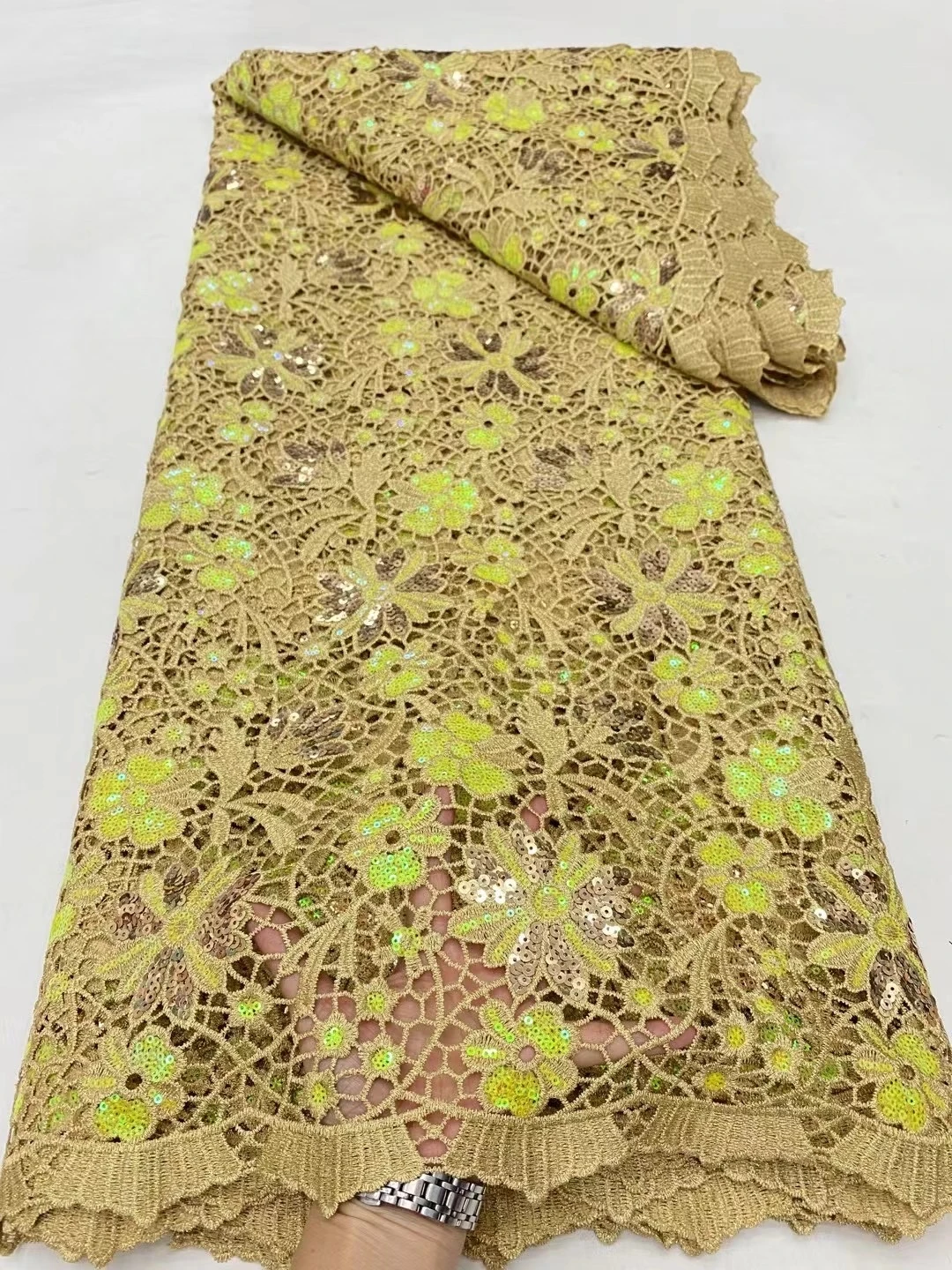 

Африканская нигерийская Высококачественная кружевная ткань, вышивка, тюль, чистый свадебное платье, гипюр, блестки для шитья бусин, 5 ярдов, 2024