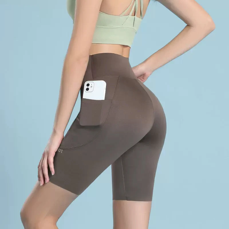 BIVIGAOS Summer New Pocket Sharkskin Biker Shorts Women's Tight-Fitting Slim Short Leggings High Waist Sports Bicycle Shorts