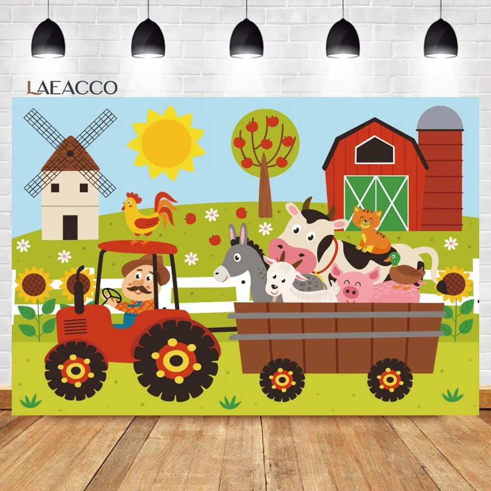

Laeacco Cartoon Farm Animal Decor Backdrop Summer Red Barn Kids Birthday Baby Shower Portrait Customized Photography Background