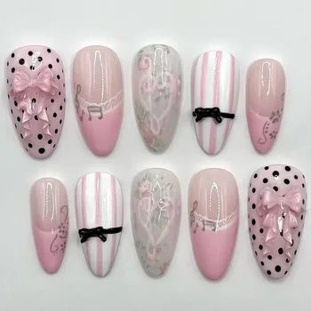 24pcs Sweet Pink Press On Nails Pink Bowknot Design French Almond Fake Nails Glossy Fashion Korean False Nail Patches Manicure