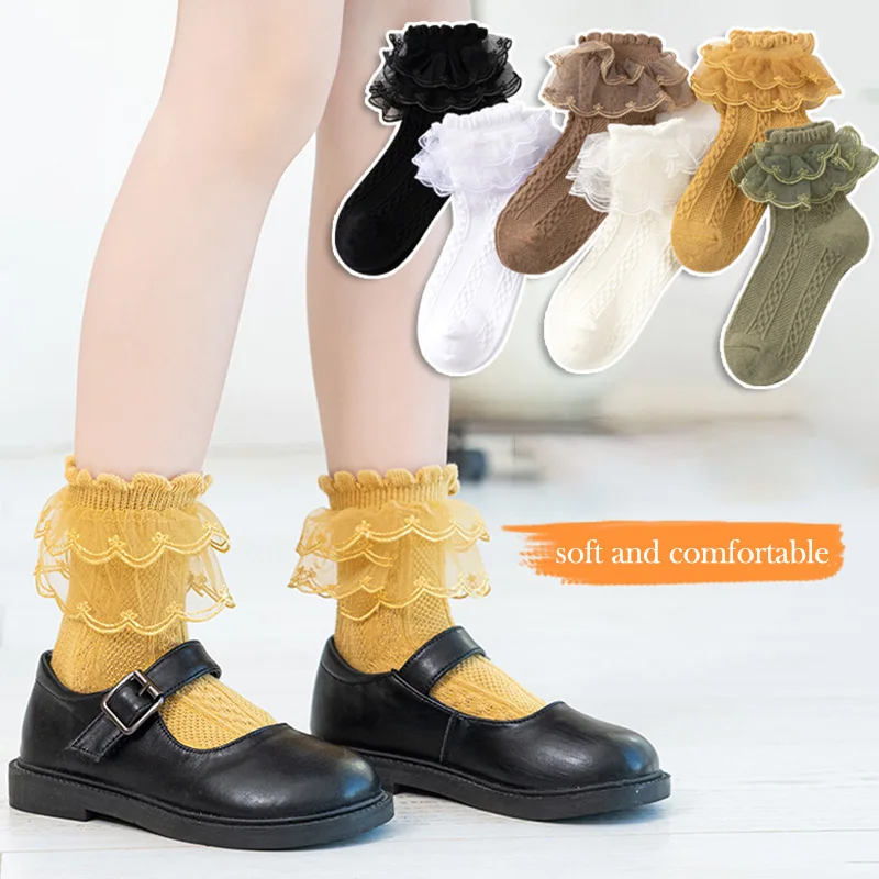 

1 Pairs Baby Girls Cotton Lace Ruffle Princess Mesh Socks Solid Color Ankle Short Sock Summer Breathable Thin Dance Sock