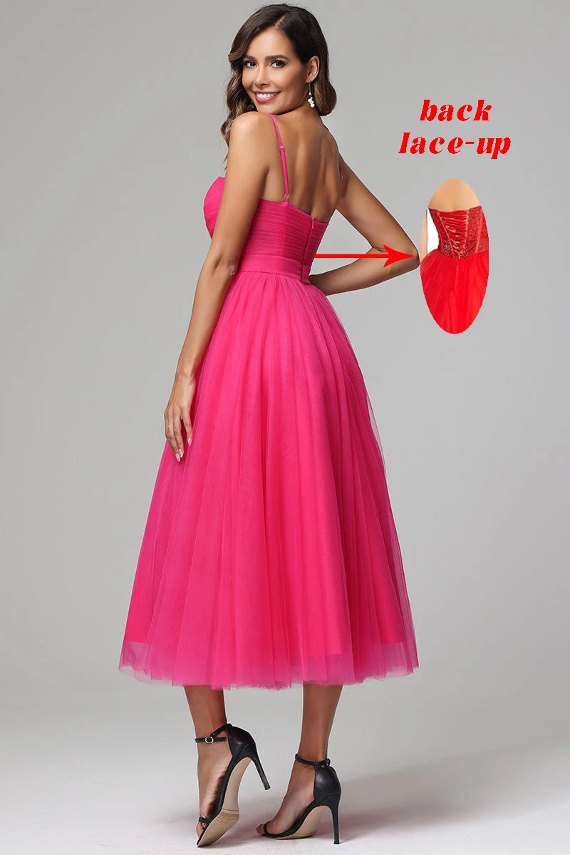 Spaghetti Straps Sweetheart Homecoming Dresses for Teens Pleated Corset Sashes Graduation Gowns A-Line Tea-length Evening Dress