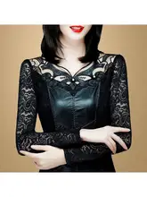  Women Blouse Women's Lace Autumn  Winter Long-Sleeved Shirt PU Leather Blusas Ropa De Mujer 