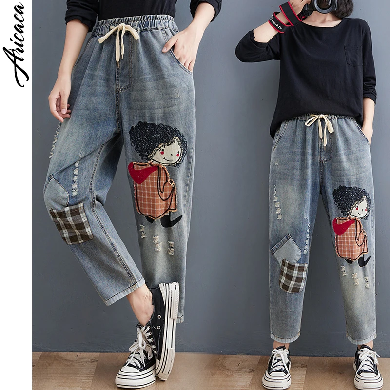 

Aricaca Spring Autumn Women Elastic Waist Vintage Print Jeans All-matched Casual Cotton Embroidery Denim Harem Pants