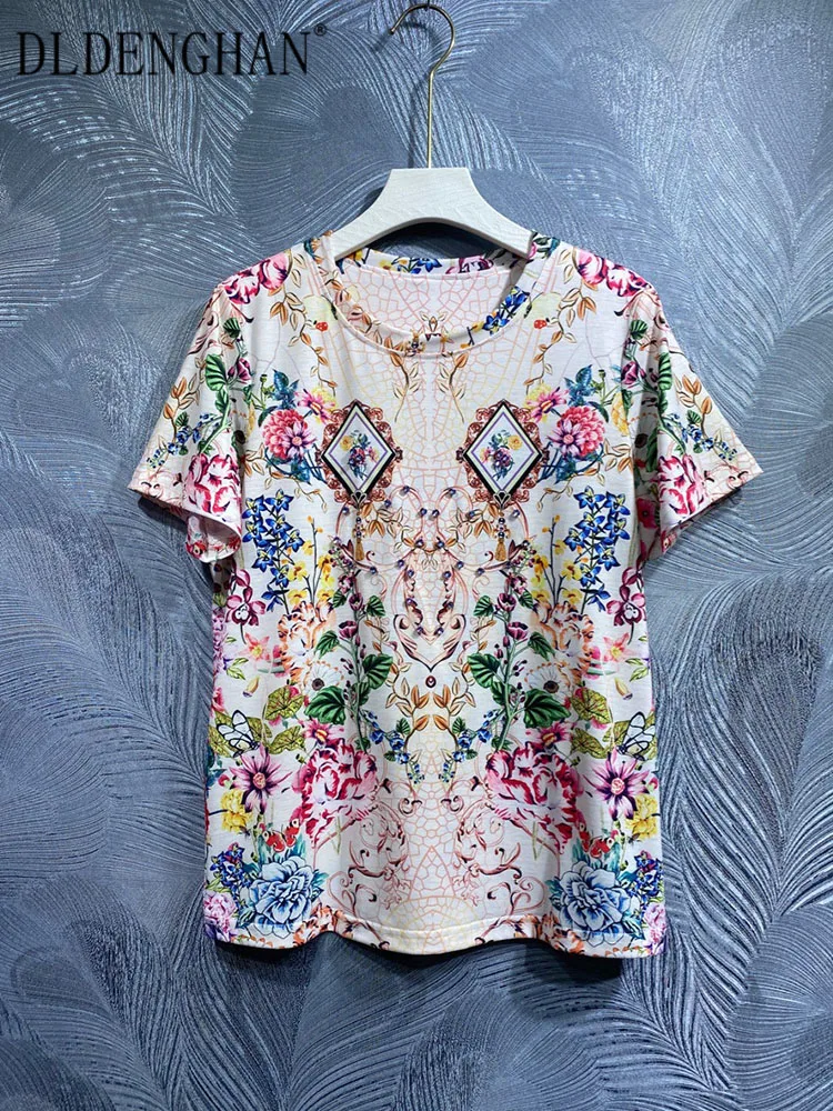 

DLDENGHAN Spring Summer Tees Women O-Neck Short Sleeve Crystal Vintage Print T-shirt Fashion Runway New