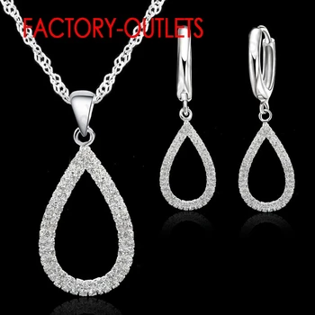 Genuine 925 Sterling Silver Bridal Jewelry Sets CZ Crystal Water Drop Necklaces Hoop Earrings Women Girls Engagement Anniversary