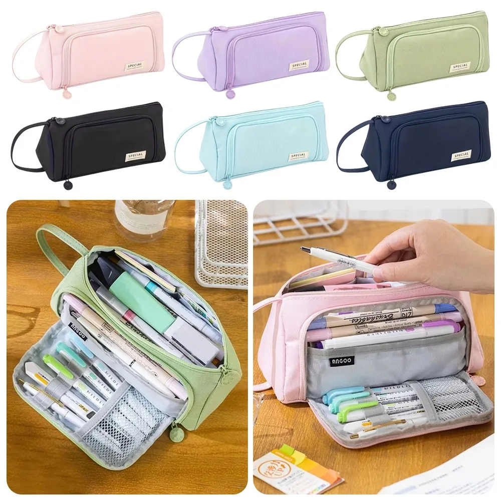 Astuccio portatile per matite, borsa portaoggetti multistrato di grande capacità con maniglia, astuccio per cancelleria in tinta unita - immagine 3