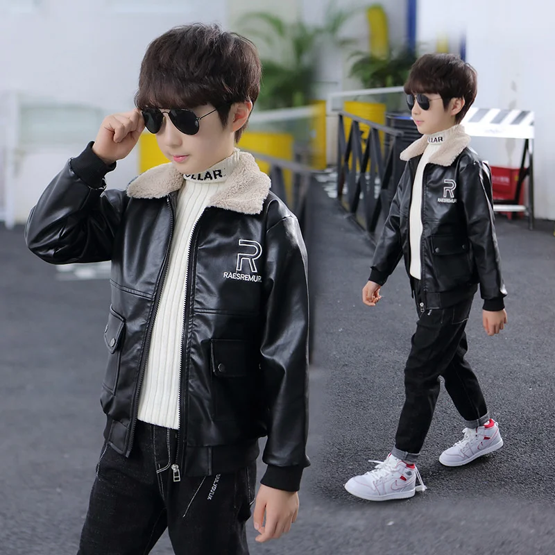 Children Leather Jackets Boy Plus Velvet Coat Kids Winter Thicken