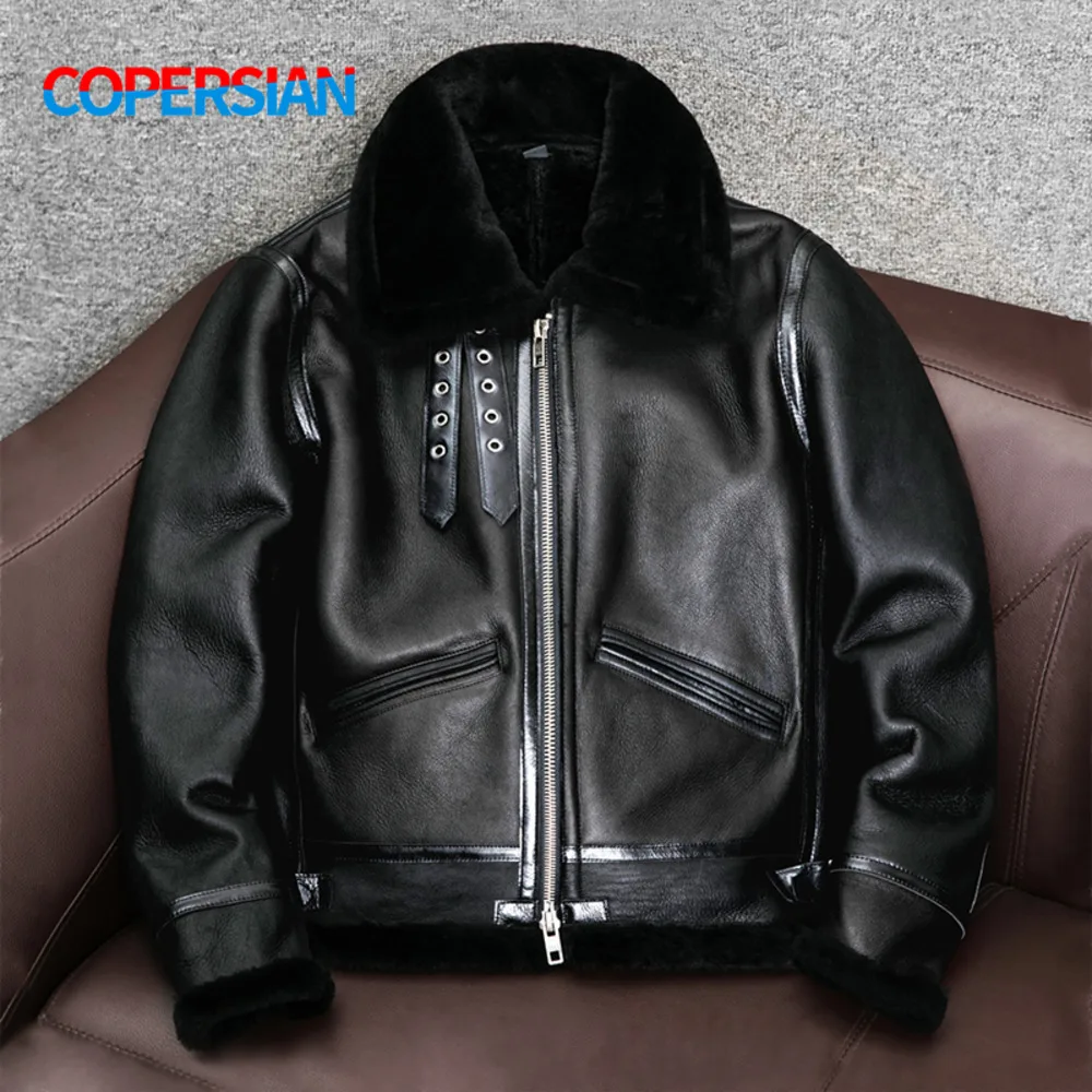 

New 2024 Genuine Leather Jacket Mens Plus Size Real Thick Sheepskin Natural Warm Coat