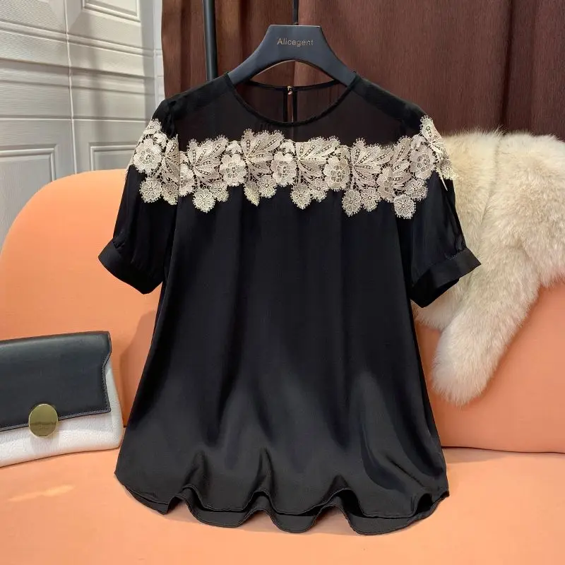 Silk Shirt Women's Summer 2022 New Silk Lace Patch Loose Bubble Sleeve Summer Top  blusas femininas  blouse  Polyester