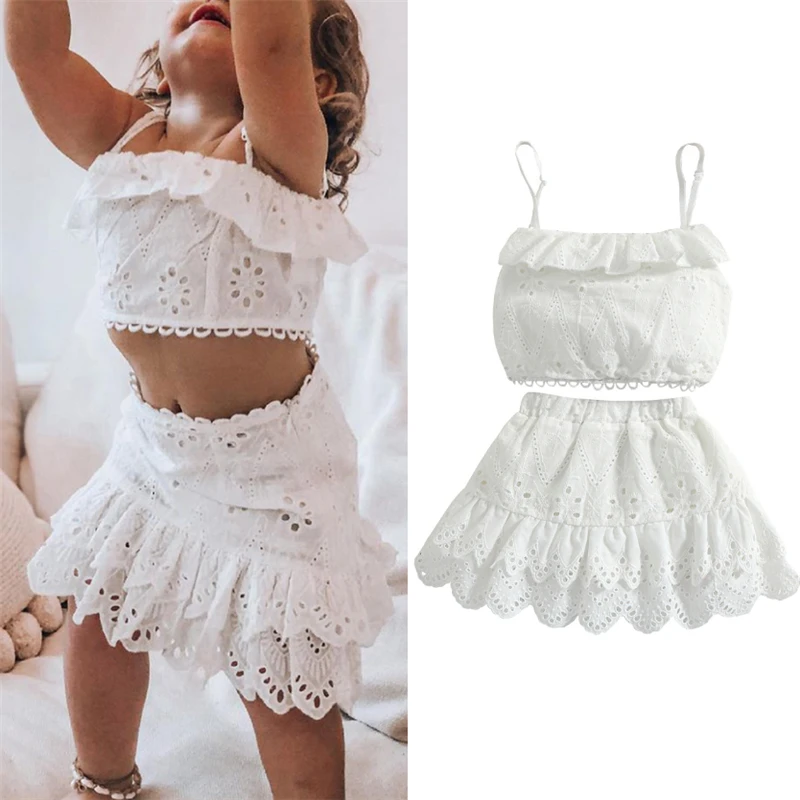 

2pcs Kid Baby Girls Summer Clothes Set Sleeveless Lace Hollow Ruffle Camisole + High Waist Skirt Sweet Clothing Outfit