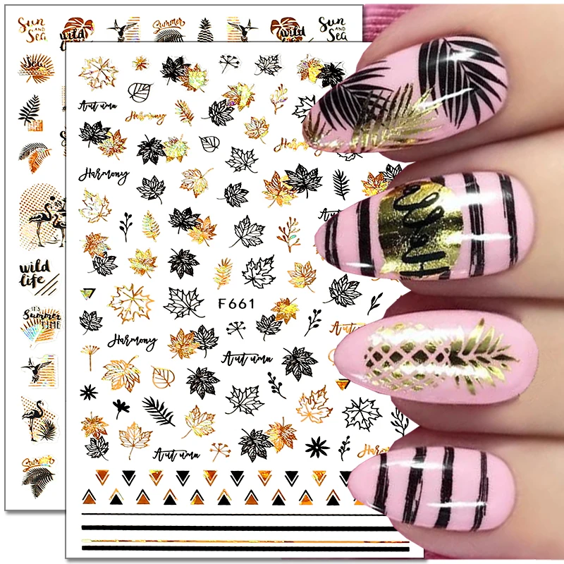 

1Pcs Black Laser Gold Coconut Tree Leaf 3D Nail Stickers Tropical Beach Palm Tree Autumn Maple Leaf Nail Decals Nail Decorations