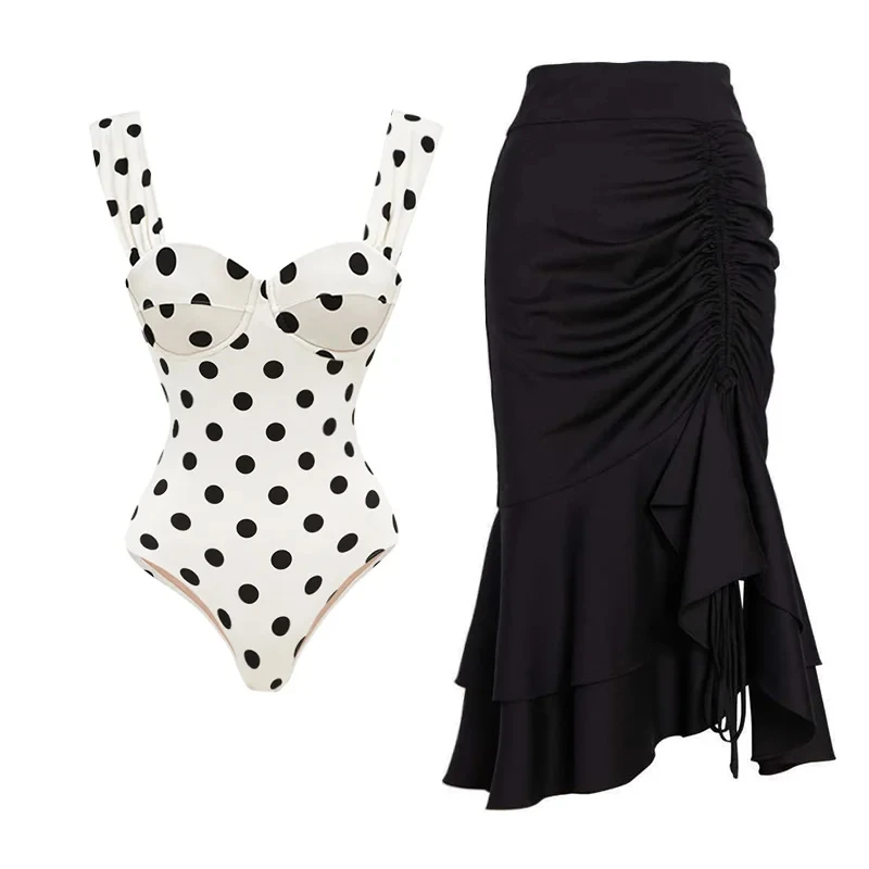 

2024 New Dot Printed One Piece Swimsuit and Skirt Summer Bikini Swimwear Women Beachwear Luxury Bathing Suit Monokini tankini